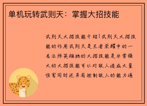 单机玩转武则天：掌握大招技能