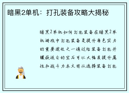 暗黑2单机：打孔装备攻略大揭秘